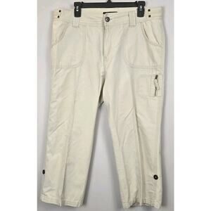 EDDIE BAUER Blakely Fit Cropped Cargo Capri Pants Sz 12 Rolled Hem Cotton Beige